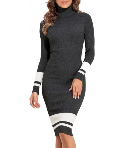 Women's Turtleneck Sweater Dress Long Sleeve Ribbed Knit Stretch Midi Bodycon Dresses Grey With White $29.69 Dresses