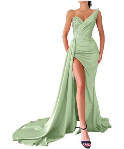 Women Beaded Formal Evening Gown High Slit Prom Party Dress Strapless Satin Wedding Guest Dress Sage Green $44.54 Dresses