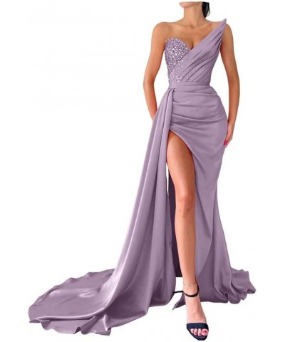 Women Beaded Formal Evening Gown High Slit Prom Party Dress Strapless Satin Wedding Guest Dress Sage Green $44.54 Dresses