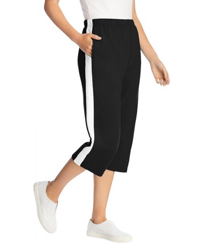 Women's Plus Size Petite Side-Stripe Cotton French Terry Capri Black White $20.96 Activewear