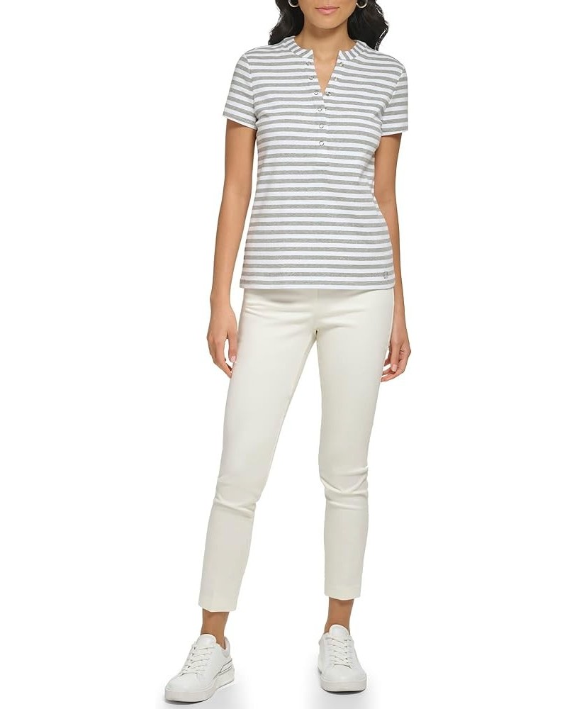 Women's Comfortable Snap Detail Crew Neck Striped Short Sleeve Heather Granite/ White $16.86 T-Shirts