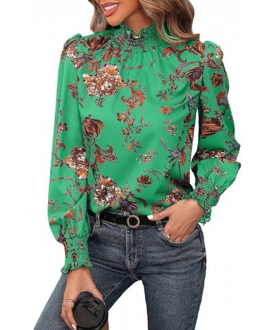 Women's Leopard Print Long Sleeve Frill Trim Mock Neck Blouse Tops Green Floral $17.81 Blouses