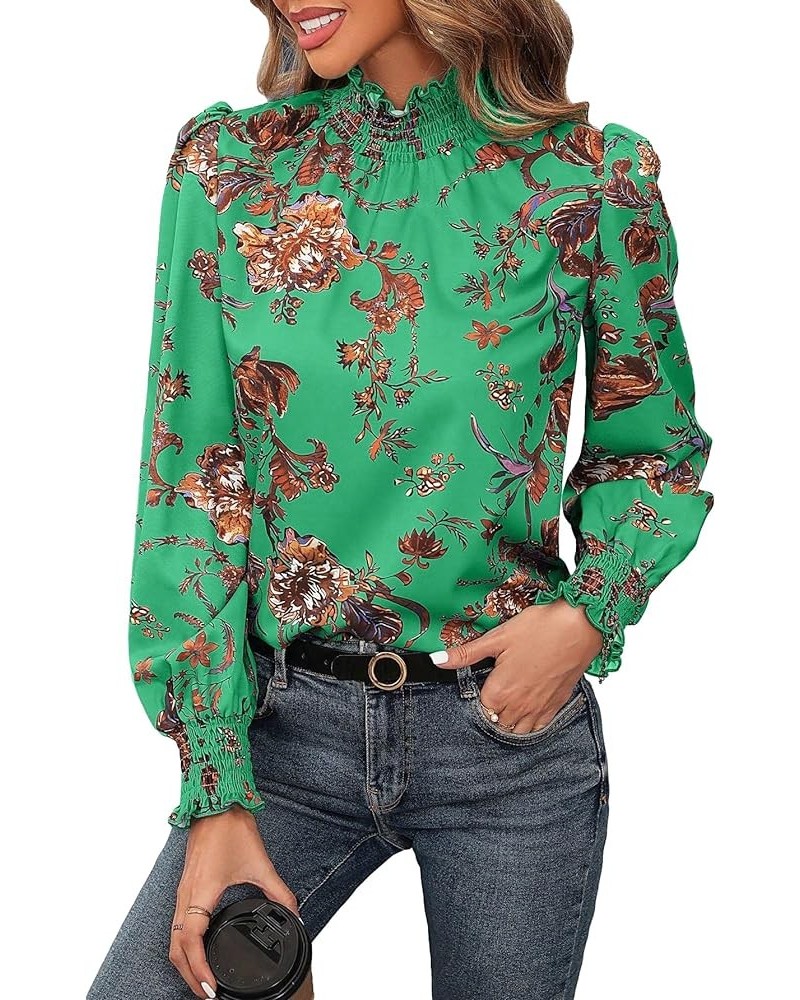 Women's Leopard Print Long Sleeve Frill Trim Mock Neck Blouse Tops Green Floral $17.81 Blouses