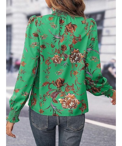 Women's Leopard Print Long Sleeve Frill Trim Mock Neck Blouse Tops Green Floral $17.81 Blouses