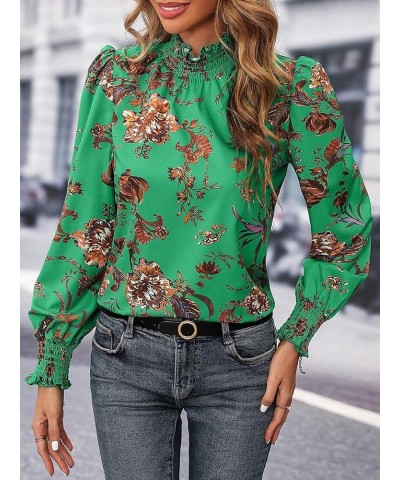 Women's Leopard Print Long Sleeve Frill Trim Mock Neck Blouse Tops Green Floral $17.81 Blouses