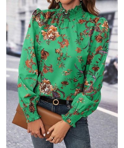 Women's Leopard Print Long Sleeve Frill Trim Mock Neck Blouse Tops Green Floral $17.81 Blouses