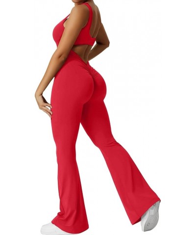 Women Workout Flare Jumpsuits Sleeveless Backless Gym Bodycon Scrunch Butt V Back Yoga Rompers D-red $10.79 Jumpsuits