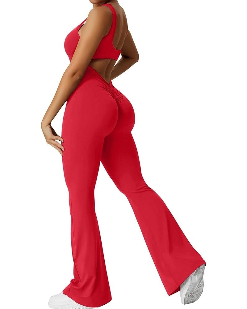 Women Workout Flare Jumpsuits Sleeveless Backless Gym Bodycon Scrunch Butt V Back Yoga Rompers D-red $10.79 Jumpsuits