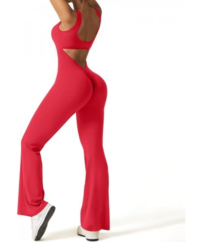 Women Workout Flare Jumpsuits Sleeveless Backless Gym Bodycon Scrunch Butt V Back Yoga Rompers D-red $10.79 Jumpsuits