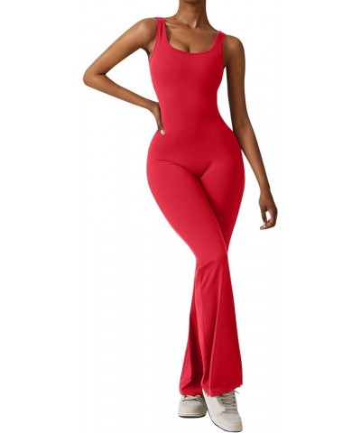 Women Workout Flare Jumpsuits Sleeveless Backless Gym Bodycon Scrunch Butt V Back Yoga Rompers D-red $10.79 Jumpsuits