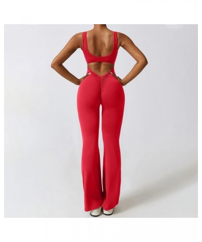 Women Workout Flare Jumpsuits Sleeveless Backless Gym Bodycon Scrunch Butt V Back Yoga Rompers D-red $10.79 Jumpsuits