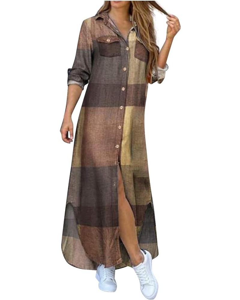 Long Shirt Dress for Women Button Down Collar Printed Casual Maxi Dress with Pocket Loose Long Sleeve Relaxed Split Hem Dress...