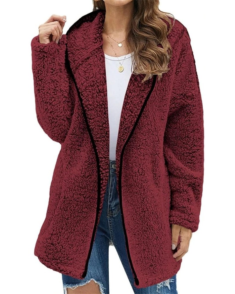 Women's Fashion Winter Coat Long Sleeve Zip up Lapel Shaggy Oversized Jacket Lightweight Fuzzy Parka Outfits Wine S $18.59 Coats