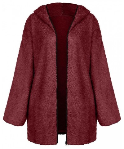 Women's Fashion Winter Coat Long Sleeve Zip up Lapel Shaggy Oversized Jacket Lightweight Fuzzy Parka Outfits Wine S $18.59 Coats