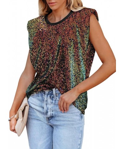 Womens Crewneck Sequin Shoulder Padded Tops Sparkle Shimmer Blouses Shirts and Tops Multicoloured $19.11 Blouses