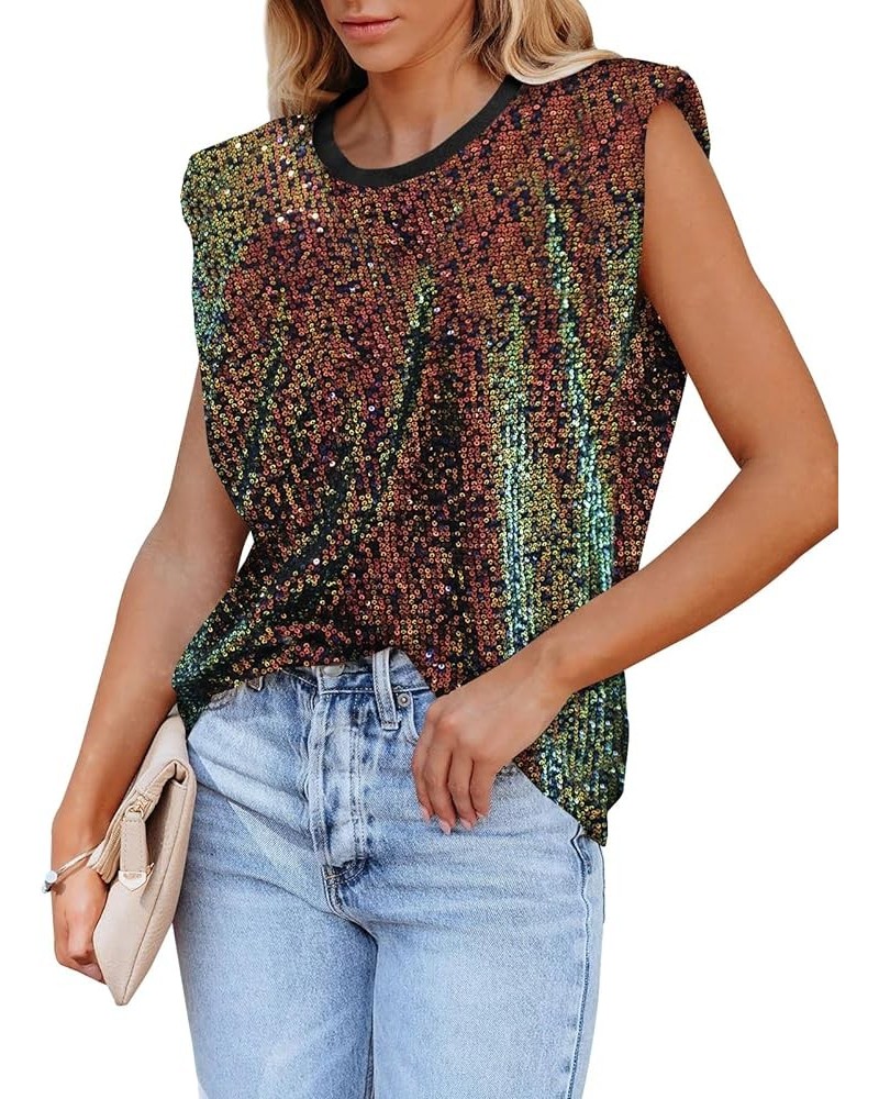 Womens Crewneck Sequin Shoulder Padded Tops Sparkle Shimmer Blouses Shirts and Tops Multicoloured $19.11 Blouses