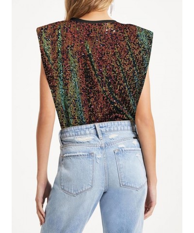 Womens Crewneck Sequin Shoulder Padded Tops Sparkle Shimmer Blouses Shirts and Tops Multicoloured $19.11 Blouses