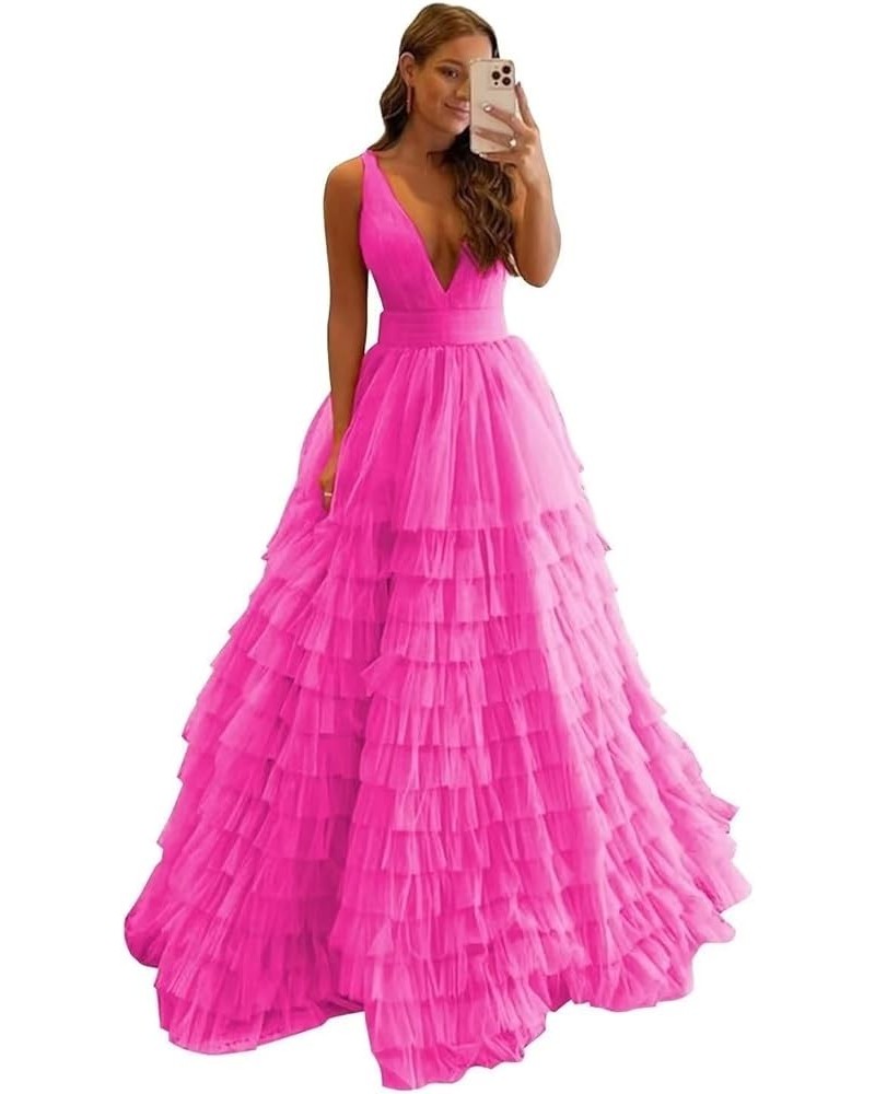 Women's Tiered Tulle Prom Dresses Long V Neck Empire Formal Gowns A Line Puffy Evening Party Dress Hot Pink $43.45 Dresses