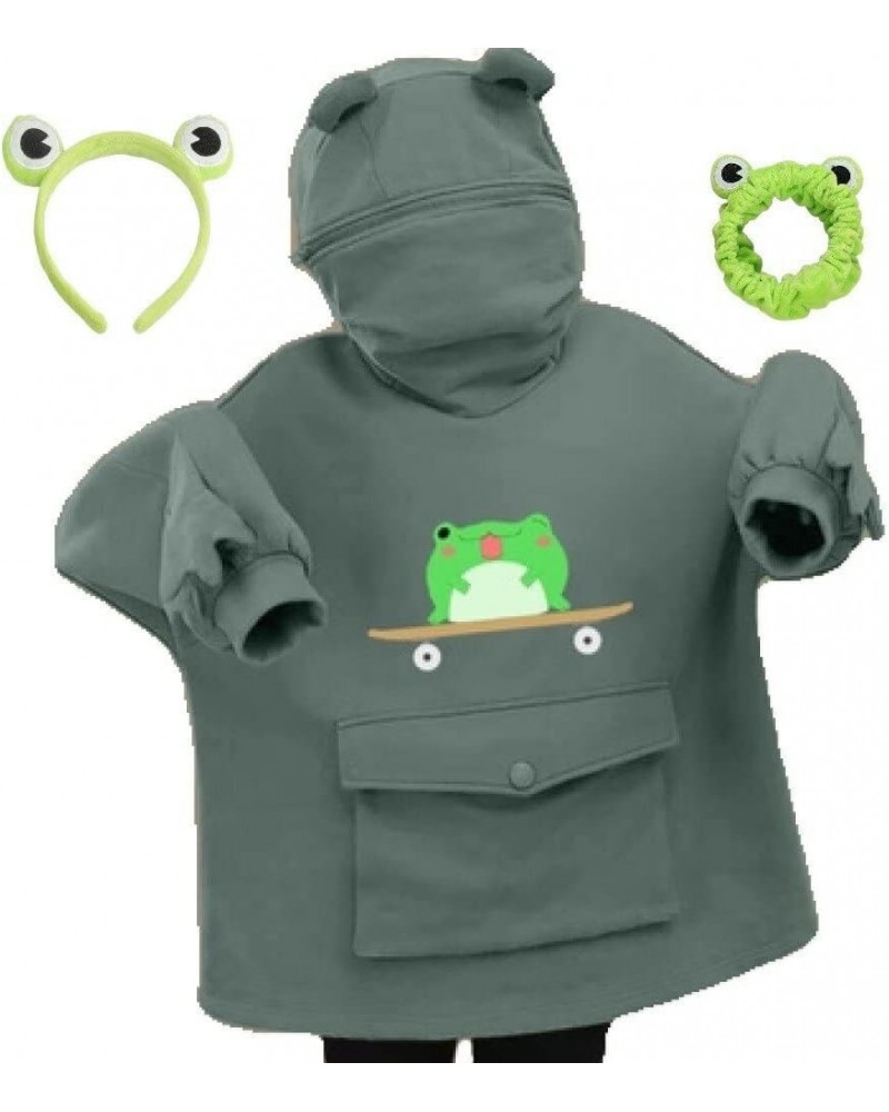 Cute Frog Hoodie Zipper Mouse Hooded Pullover with Frog Headbands for Teen Girls Women Dark_gray_c $11.18 Activewear