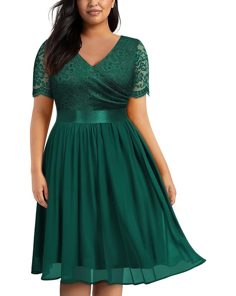 Women's Formal V Neck Floral Lace Contrast Chiffon Plus Size Ruffle Bridesmaid A-line Party Dress Dark Green $29.00 Dresses