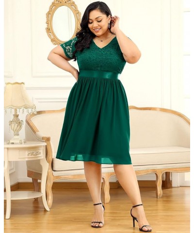 Women's Formal V Neck Floral Lace Contrast Chiffon Plus Size Ruffle Bridesmaid A-line Party Dress Dark Green $29.00 Dresses