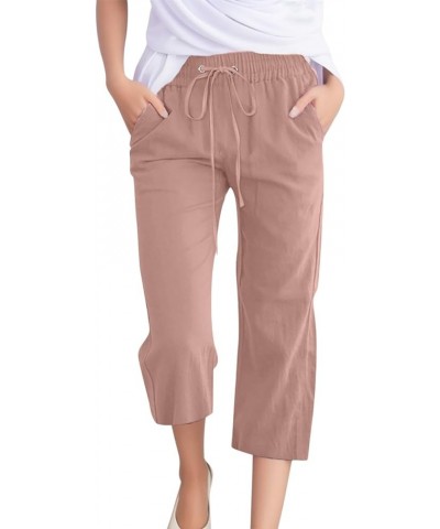 Capri Pants for Women Casual Summer Linen Elastic Waist Drawstring Pants Summer Lounge Plus Size Cropped Trousers D-rose Gold...