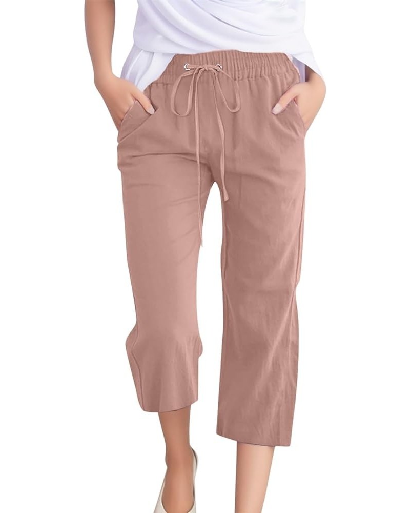 Capri Pants for Women Casual Summer Linen Elastic Waist Drawstring Pants Summer Lounge Plus Size Cropped Trousers D-rose Gold...