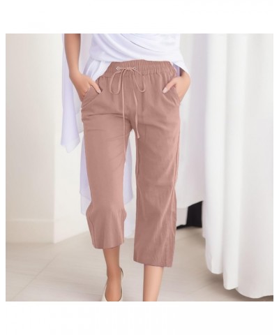 Capri Pants for Women Casual Summer Linen Elastic Waist Drawstring Pants Summer Lounge Plus Size Cropped Trousers D-rose Gold...