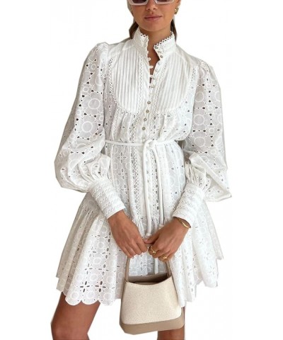Summer Cotton V Neck Long Losse Sleeve Casual Party A-Line Dresses Embroidery Short Dress New White $36.35 Dresses