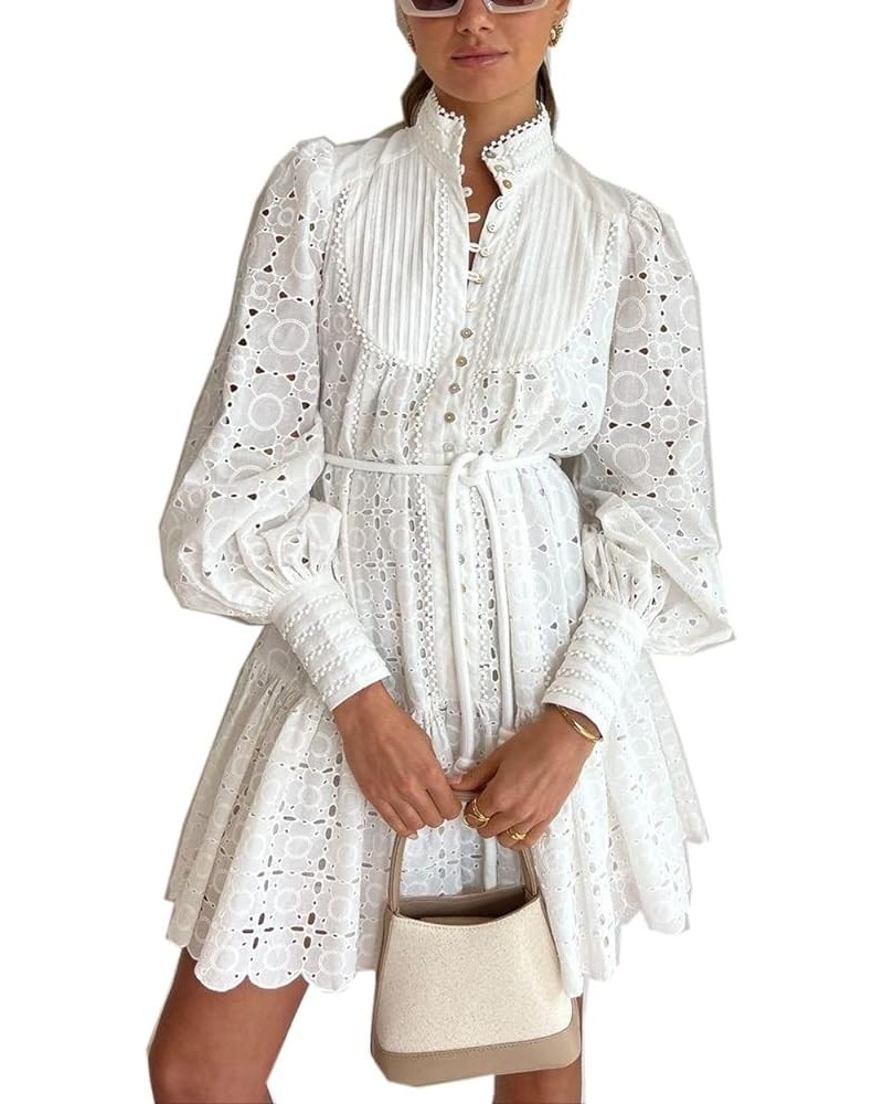 Summer Cotton V Neck Long Losse Sleeve Casual Party A-Line Dresses Embroidery Short Dress New White $36.35 Dresses