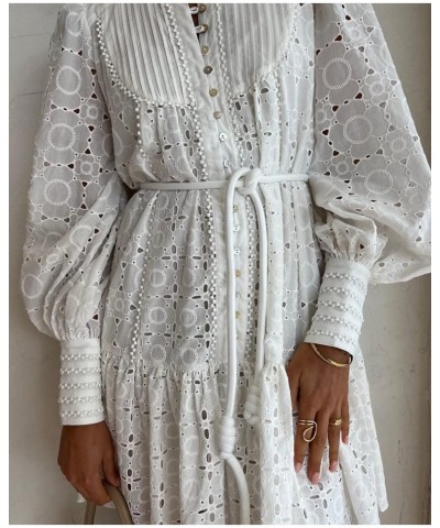 Summer Cotton V Neck Long Losse Sleeve Casual Party A-Line Dresses Embroidery Short Dress New White $36.35 Dresses