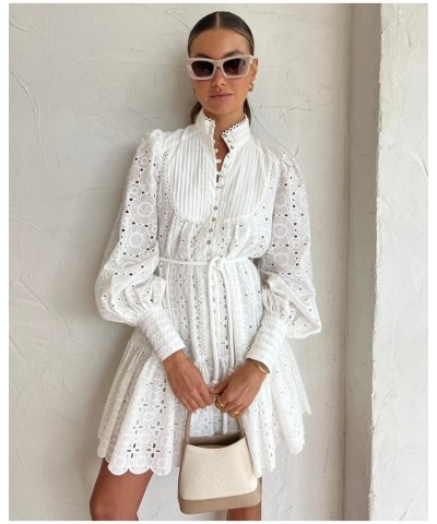 Summer Cotton V Neck Long Losse Sleeve Casual Party A-Line Dresses Embroidery Short Dress New White $36.35 Dresses