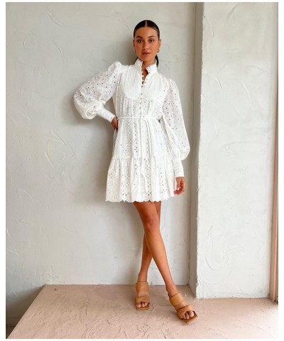 Summer Cotton V Neck Long Losse Sleeve Casual Party A-Line Dresses Embroidery Short Dress New White $36.35 Dresses