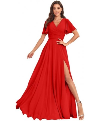 Women's Short Sleeve Bridesmaid Dress for Wedding Long A line Chiffon Evening Gown with Slit Red $29.25 Dresses