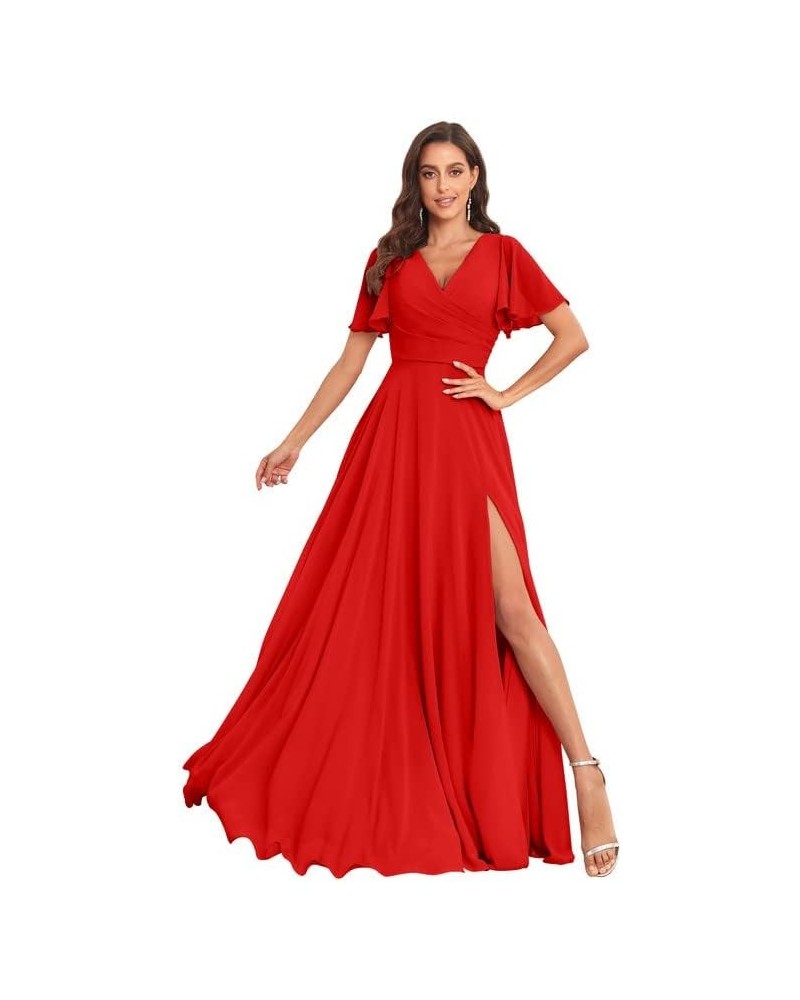 Women's Short Sleeve Bridesmaid Dress for Wedding Long A line Chiffon Evening Gown with Slit Red $29.25 Dresses