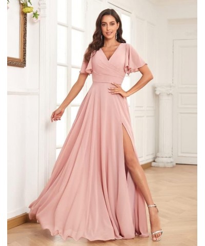 Women's Short Sleeve Bridesmaid Dress for Wedding Long A line Chiffon Evening Gown with Slit Red $29.25 Dresses