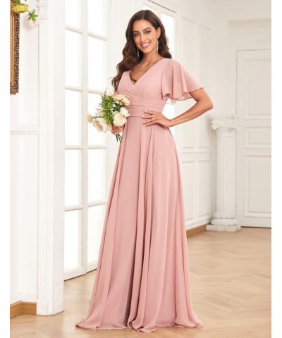 Women's Short Sleeve Bridesmaid Dress for Wedding Long A line Chiffon Evening Gown with Slit Red $29.25 Dresses