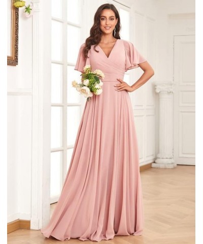 Women's Short Sleeve Bridesmaid Dress for Wedding Long A line Chiffon Evening Gown with Slit Red $29.25 Dresses