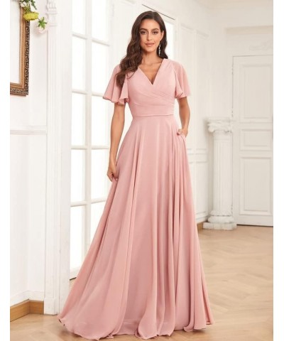 Women's Short Sleeve Bridesmaid Dress for Wedding Long A line Chiffon Evening Gown with Slit Red $29.25 Dresses