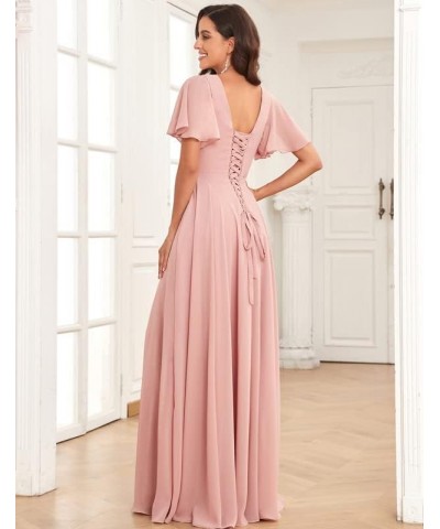 Women's Short Sleeve Bridesmaid Dress for Wedding Long A line Chiffon Evening Gown with Slit Red $29.25 Dresses