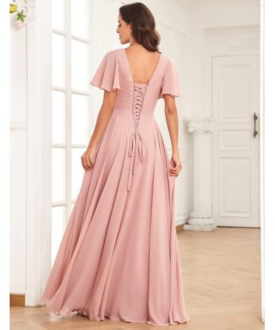 Women's Short Sleeve Bridesmaid Dress for Wedding Long A line Chiffon Evening Gown with Slit Red $29.25 Dresses