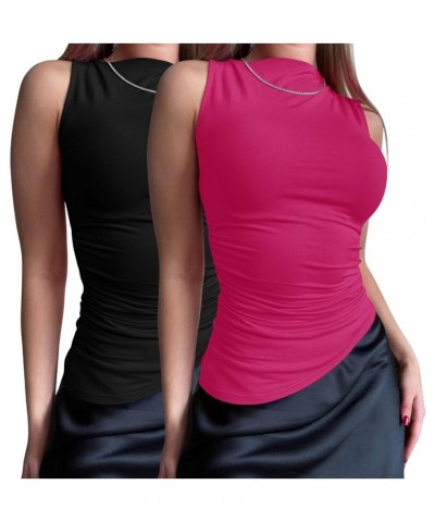 Womens Crop Mock Neck Tops Side Ruched Slim Fitted Tank Top 2 Pack Sleeveless Tight Shirts Black&rose Red $12.90 Tanks