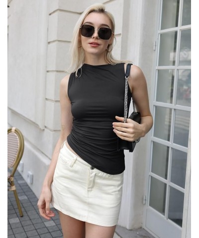 Womens Crop Mock Neck Tops Side Ruched Slim Fitted Tank Top 2 Pack Sleeveless Tight Shirts Black&rose Red $12.90 Tanks