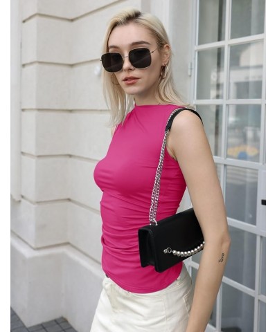 Womens Crop Mock Neck Tops Side Ruched Slim Fitted Tank Top 2 Pack Sleeveless Tight Shirts Black&rose Red $12.90 Tanks