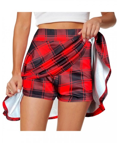 Women's Casual Basic Versatile Flared Pleated Mini Skater Skirt with Shorts Red Plaid $12.50 Skirts