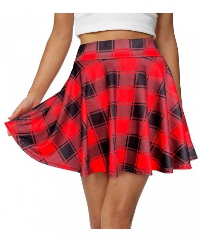 Women's Casual Basic Versatile Flared Pleated Mini Skater Skirt with Shorts Red Plaid $12.50 Skirts