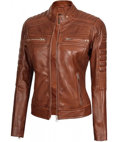 Real Leather Jacket Women - Cafe Racer Slim Fit Stand Collar Womens Motorcycle Jackets Austin Leather Jacket Women - Cognac $...