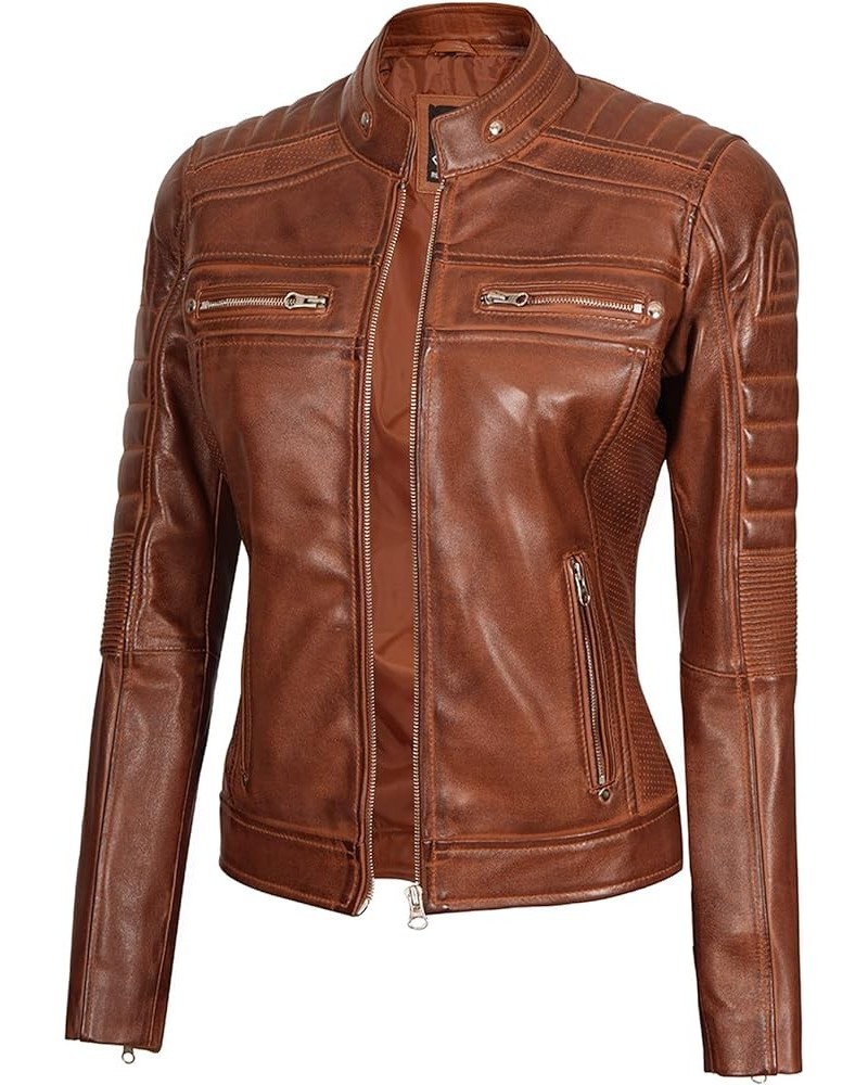 Real Leather Jacket Women - Cafe Racer Slim Fit Stand Collar Womens Motorcycle Jackets Austin Leather Jacket Women - Cognac $...
