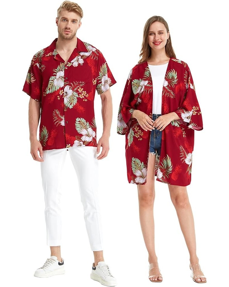 Matchable Couple Hawaiian Luau Shirt or Kimono in Midnight Bloom Women Women Pineapple Garden Burgundy $25.23 Tops