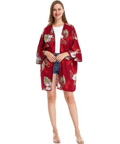 Matchable Couple Hawaiian Luau Shirt or Kimono in Midnight Bloom Women Women Pineapple Garden Burgundy $25.23 Tops